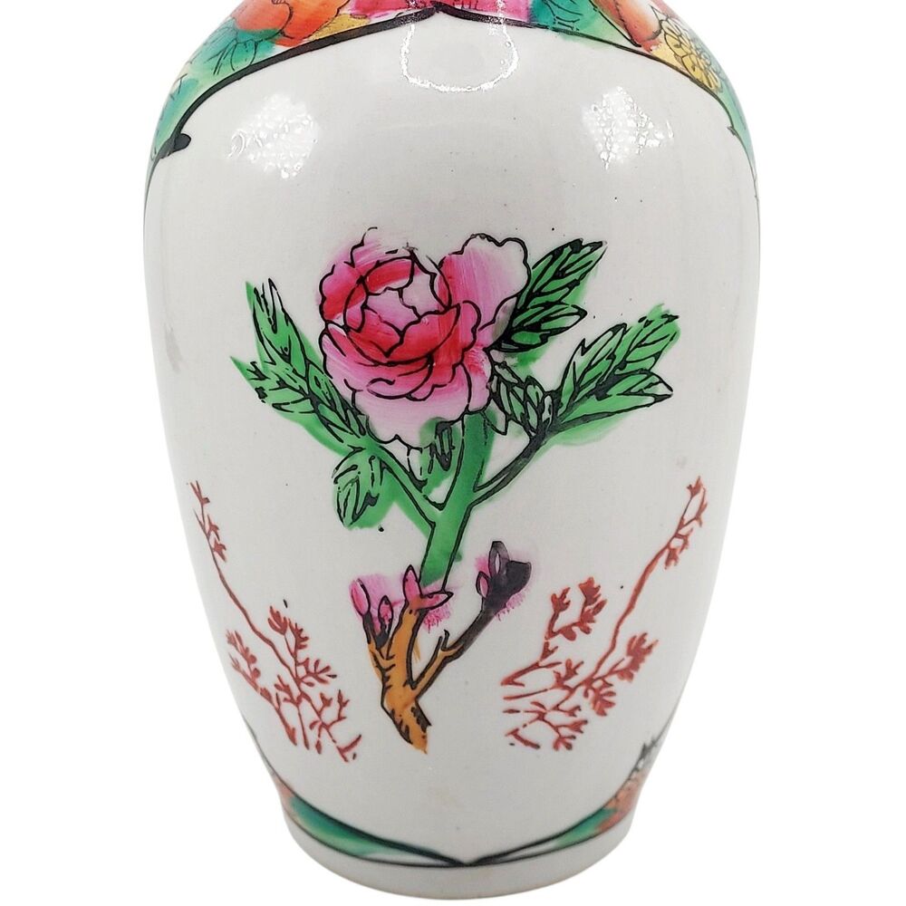 VTG 70-90's Chinese Hand Painted Enamel Geisha Peony 8.25" Vase Zhongguo Zhizao - Picture 4 of 12